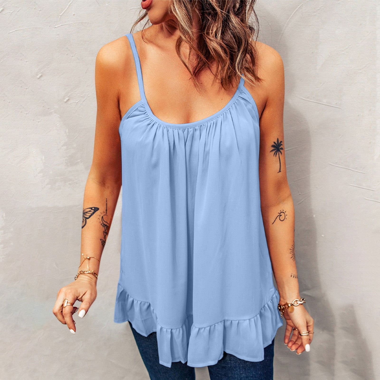 Xysaqa Plus Size Tank Tops for Womens Summer Casual Camisole Sleeveless  Pleated Flowy Tunic Tops Spaghetti Strap Loose Fit Shirt Cami S-5XL