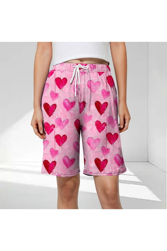 Plus Size Women's Heart Print Bermuda Shorts Knee Length Summer Drawstring Elastic Waist Casual Long Shorts Loose Comfy Lounge Running Yoga Shorts with Pockets 3X 4X 5X Clearance