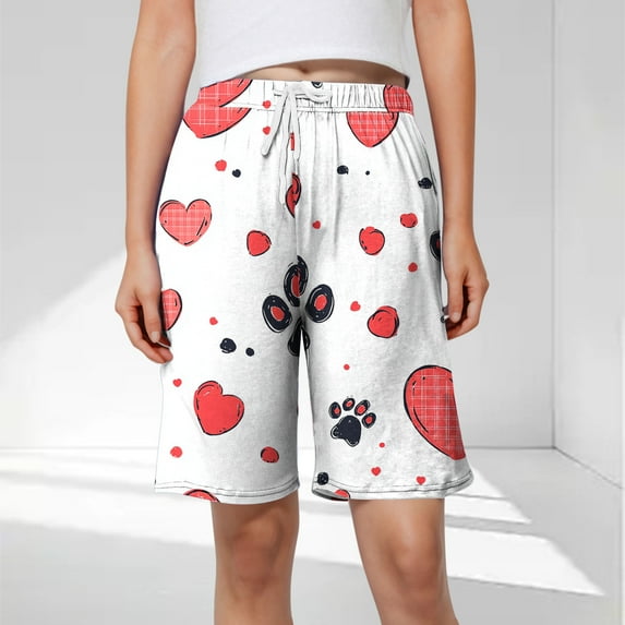 Xysaqa Plus Size Women's Heart Print Bermuda Shorts Knee Length Summer Drawstring Elastic Waist Casual Long Shorts Loose Comfy Lounge Running Yoga Shorts with Pockets 3X 4X 5X Clearance