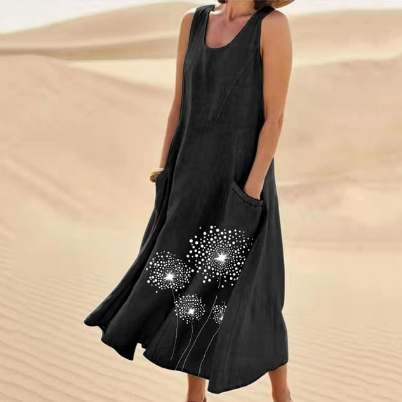 Xysaqa Plus Size Women's Summer Cotton Linen Maxi Dress Sleeveless Elegant Flowy Long Dresses Loose Fitted Floral Printed Comfy Summer Dresses for Women 2025 Clothes 3X 4X 5X Clearance