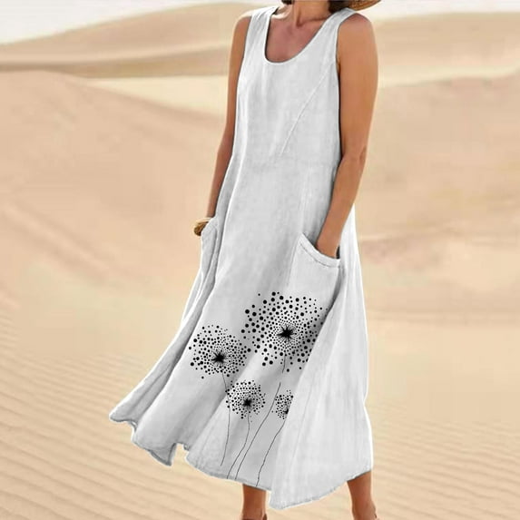 Xysaqa Plus Size Women's Summer Cotton Linen Maxi Dress Sleeveless Elegant Flowy Long Dresses Loose Fitted Floral Printed Comfy Summer Dresses for Women 2025 Clothes 3X 4X 5X Clearance