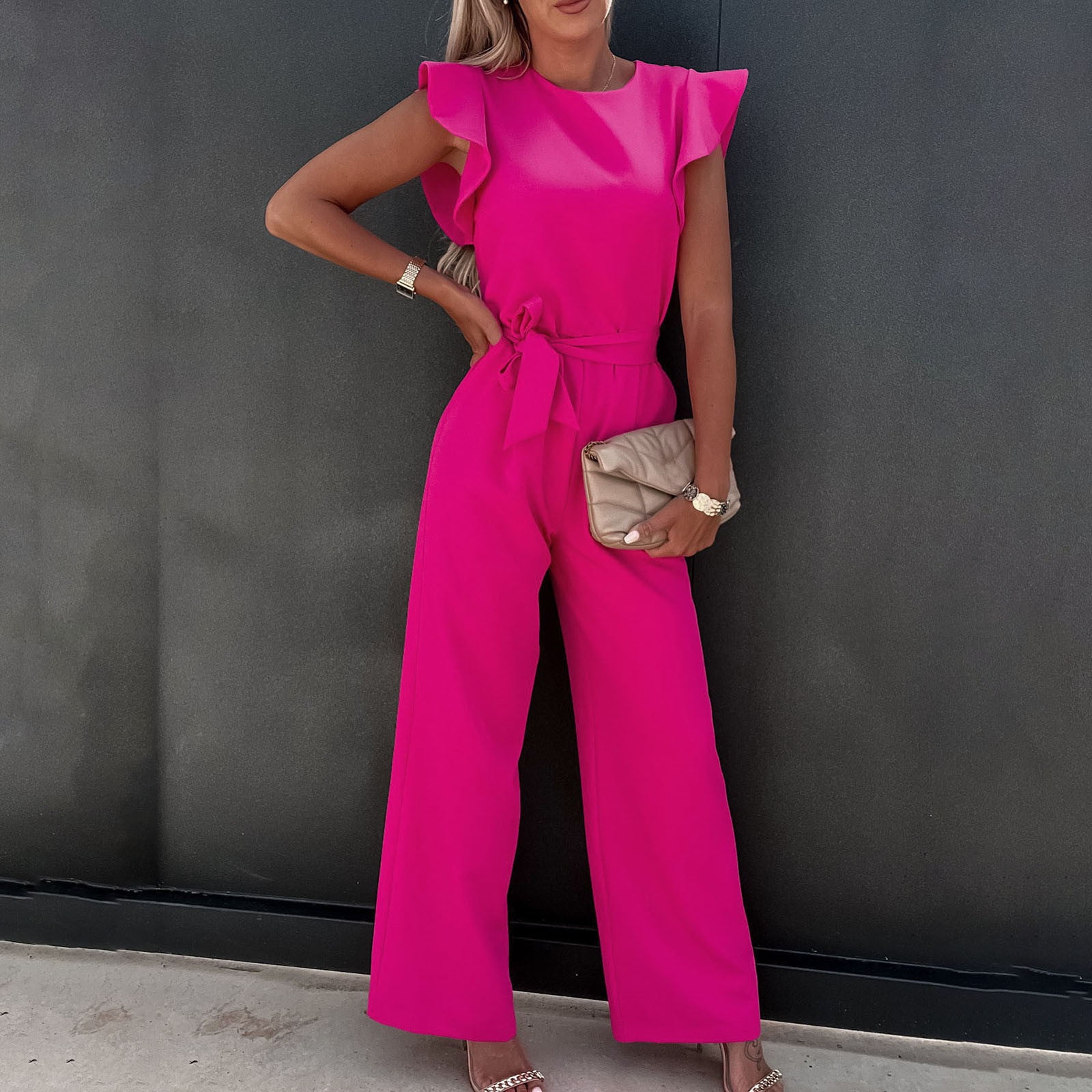 Xysaqa Romper Dress, Womens Elegant Ruffle Sleeve Jumpsuits High Waist  Belted Wide Leg Long Pants Rompers for Cocktail Party Formal Wedding