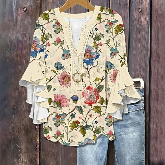 Xysaqa Ruffle 3/4 Sleeve Tops for Women Dressy Casual Business Work Blouses V Neck Boho Floral Print Office Summer Blouse Flowy Tunic Tops S-2XL Clearance (Not Chiffon)