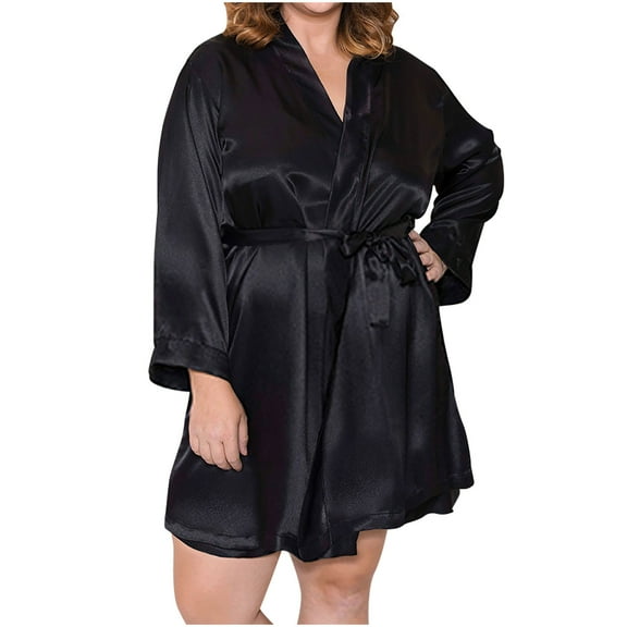 Xysaqa Satin Robe for Women Plus Size Kimono Bathrobe Nightgowns Short Sleeve House Dress Loungewear Short Sleepwear 3X 4X 5X Clearance Black