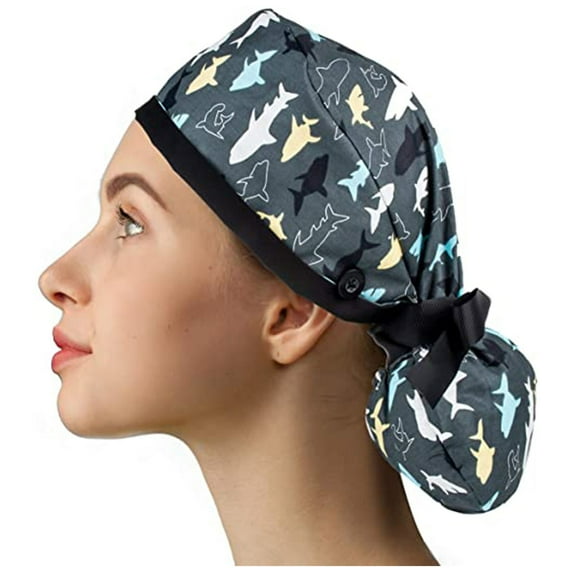 Xysaqa Scrub Caps for Women Cute Printed Nursing Hats with Buttons Adjusting Bouffant Nurse Hats Ponytail Holder Bouffant Turban Hats