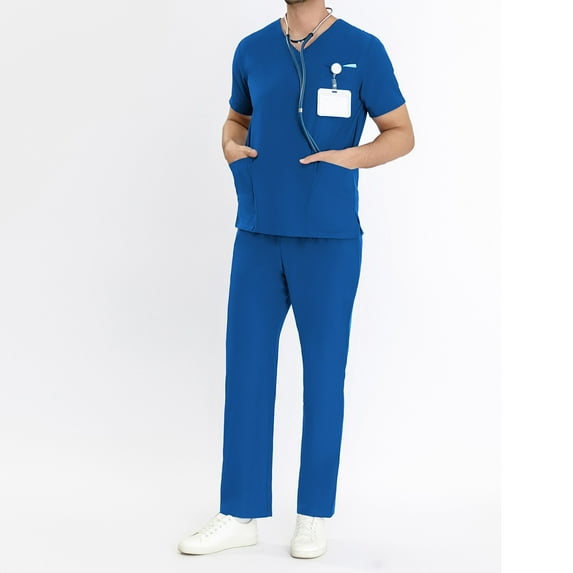 Xysaqa Scrub Tops Working Uniform for Women and Men Scrubs Set Workwear Scrubs Top and Long Pants S-XXL Blue