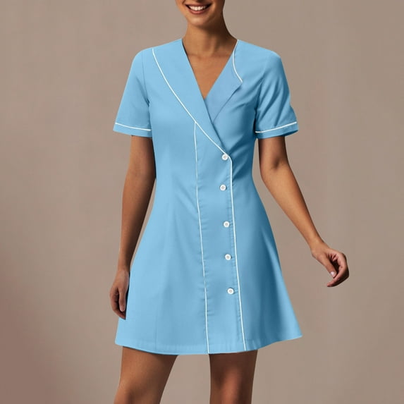 Xysaqa Scrub for Women Short Sleeve Work Uniforms Collar Buttons V Neck Midi Dress Solid Color Nursing Scrub Dress Holiday Nurse Workwear S-2XL Summer Savings