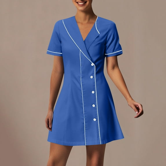 Xysaqa Scrub for Women Short Sleeve Work Uniforms Collar Buttons V Neck Midi Dress Solid Color Nursing Scrub Dress Holiday Nurse Workwear S-2XL Summer Savings