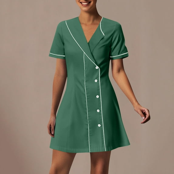 Xysaqa Scrub for Women Short Sleeve Work Uniforms Collar Buttons V Neck Midi Dress Solid Color Nursing Scrub Dress Holiday Nurse Workwear S-2XL Summer Savings