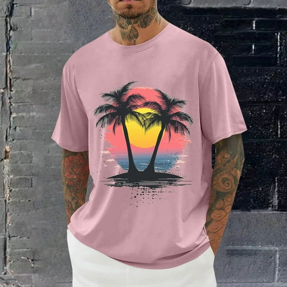 Xysaqa Shirts for Men Mens Summer Shirts Men's Palm Tree Print T-Shirts Short Sleeve Crew Neck Casual Tee Shirt Loose Fitted Hawaiian Beach Shirts 2X 3X 4X Mens Big & Tall Shirts On Clearance