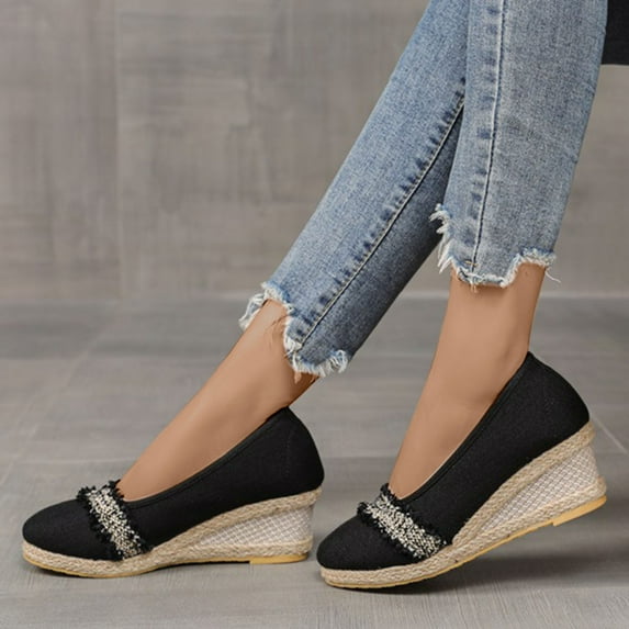 Xysaqa Slip on Work Shoes Women, Running Shoes for Women Women's High Heels Shoes Linen Straw Sandals Wedges Casual Canvas Dress Slippers Work Office Shoes Womens on Clearance