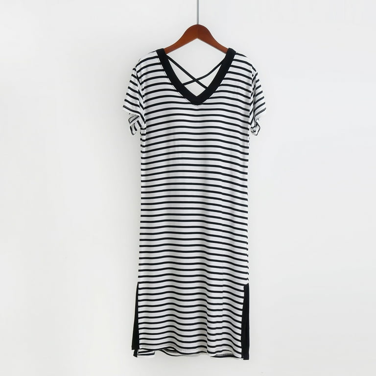 đồ ngủ Xysaqa Striped Nightgowns for Women Soft Short Sleeve Sleep