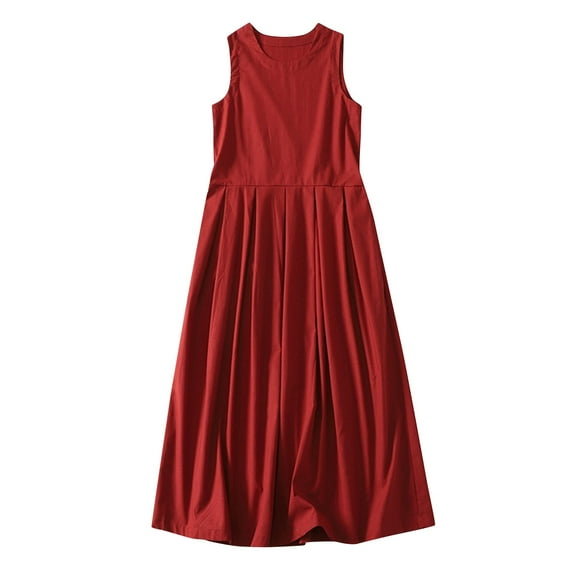 Xysaqa Summer Cotton Linen Dress for Womens Casual Sleeveless Midi Dress Comfy Loose Beach Vacation Lounge Dress Lightweight Pleated Flowy Tank Sundresses M-2X