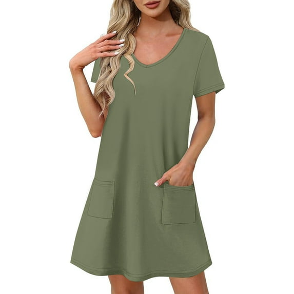 Xysaqa Summer Dress Nightgowns for Women Soft Sleep Shirts Short Sleeve Sleepwear Plain Solid Color Lounge Dress S-XXL