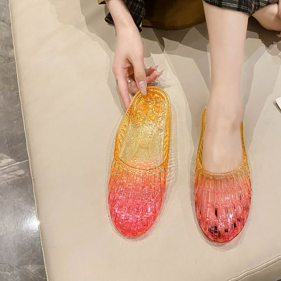 Xysaqa Summer Flat Jelly Slides Beach Sandals for Women Hollow Out Casual Slipper Shoes Crystal Plastic Colorful Cute Shoes