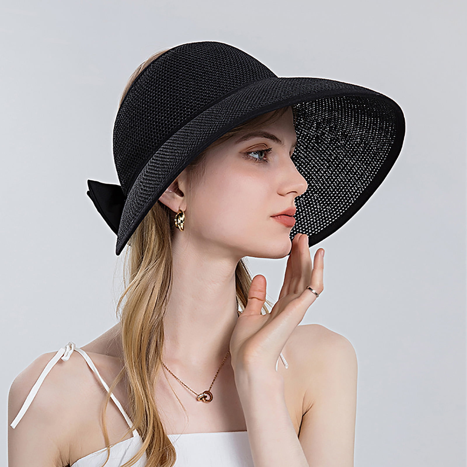 Xysaqa Sun Visor Hats for Women Wide Brimmed Straw Bow Sun Hat