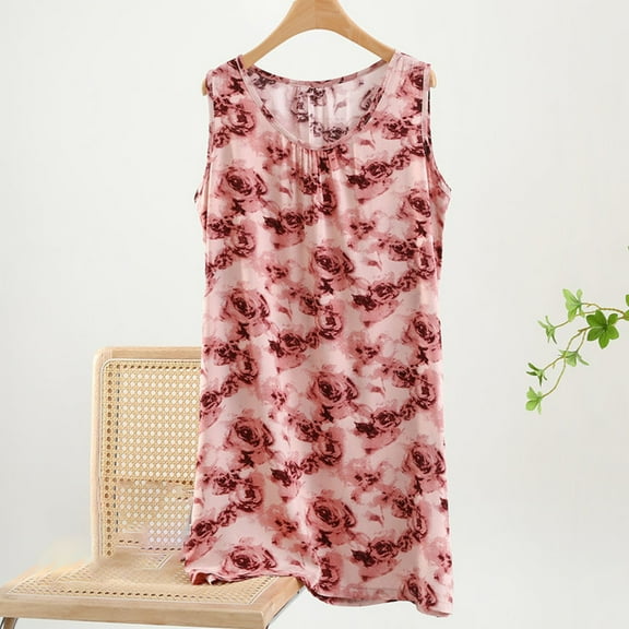 Xysaqa Tank Nightgowns for Women Soft Comfy Sleeveless Sleepwear Casual Printed Sleep Dress Comfy Wide Strap Nightdress Summer Sleepshirt House Dress 2X 3X Clearance Red