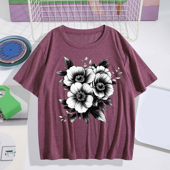Xysaqa Vintage Floral Tshirts for Women Summer Tops Boho Wildflowers Graphic Tees Short Sleeve Tops Trendy Round Neck T Shirts Loose Fitted S-XXL