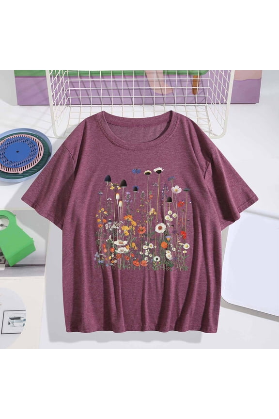 Vintage Floral Tshirts for Women Summer Tops Boho Wildflowers Graphic Tees Short Sleeve Tops Trendy Round Neck T Shirts Loose Fitted S-XXL
