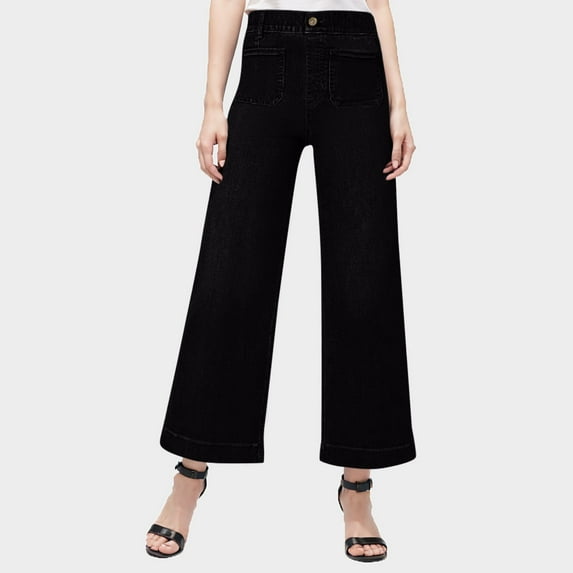 Xysaqa Wide Leg Jeans for Women High Waisted Flare Jeans Trendy Elegant Business Casual Work Pants Stretchy Loose Denim Pants with Pockets(Available In Plus Size) Black 4XL