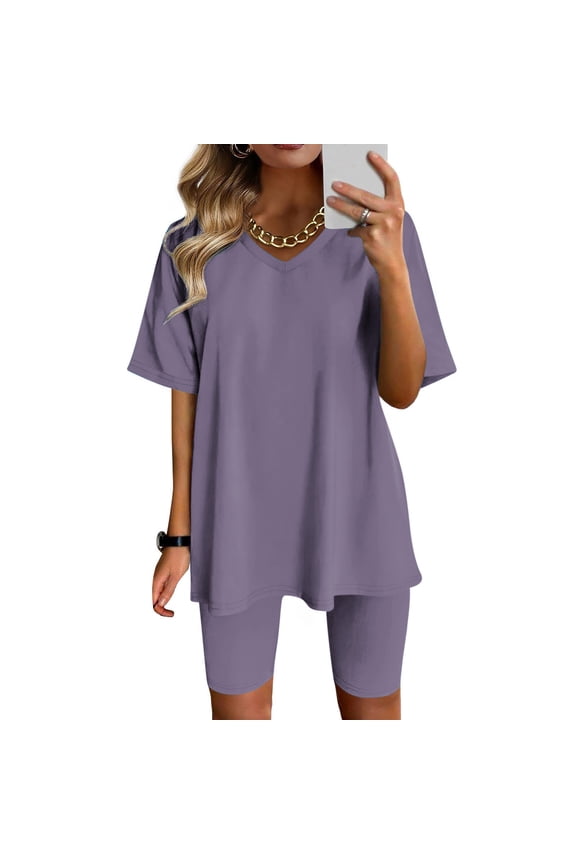 Women 2 Piece Outfits Short Sleeve Top T-Shirt Biker Short Pants Casual Tracksuit Two-Piece Sports Workout Set S-3XL