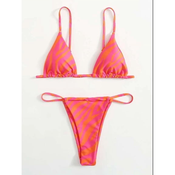 Xysaqa Women 2 Piece Swimsuit Hawaiian Striped Print Swimwear Sexy Halter String Triangle Bikini Sets for Women Summer Outfits S-XL Clearance