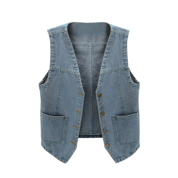 Xysaqa Women Casual V-Neck Sleeveless Denim Jean Vests Classic Cropped Button Up Camisole Jean Jacket Vests with Pockets M-3X