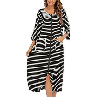 Women Robe Zipper Front House Coat 3/4 Sleeve Nightgown Full Length ...