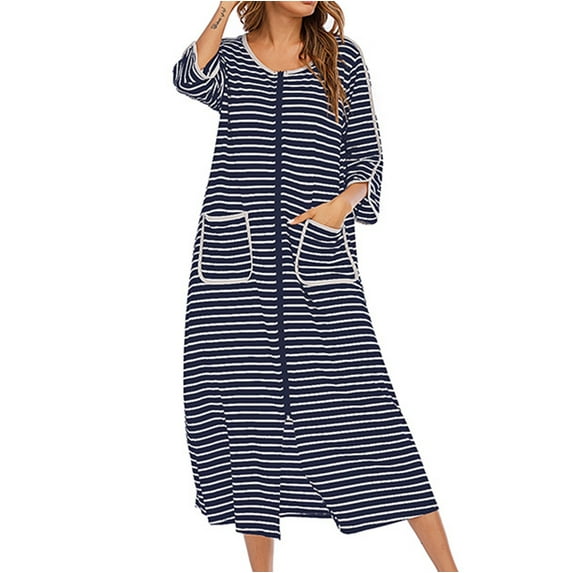 Xysaqa Women Cotton Long House Coat Zipper Front Robe 3/4 Sleeve Full Length Nightgowns Striped Printed Loungewear House Dress with Pockets S-2XL