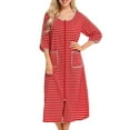 thumbnail image 1 of Xysaqa Women Cotton Long House Coat Zipper Front Robe 3/4 Sleeve Full Length Nightgowns Striped Printed Loungewear House Dress with Pockets S-2XL, 1 of 6