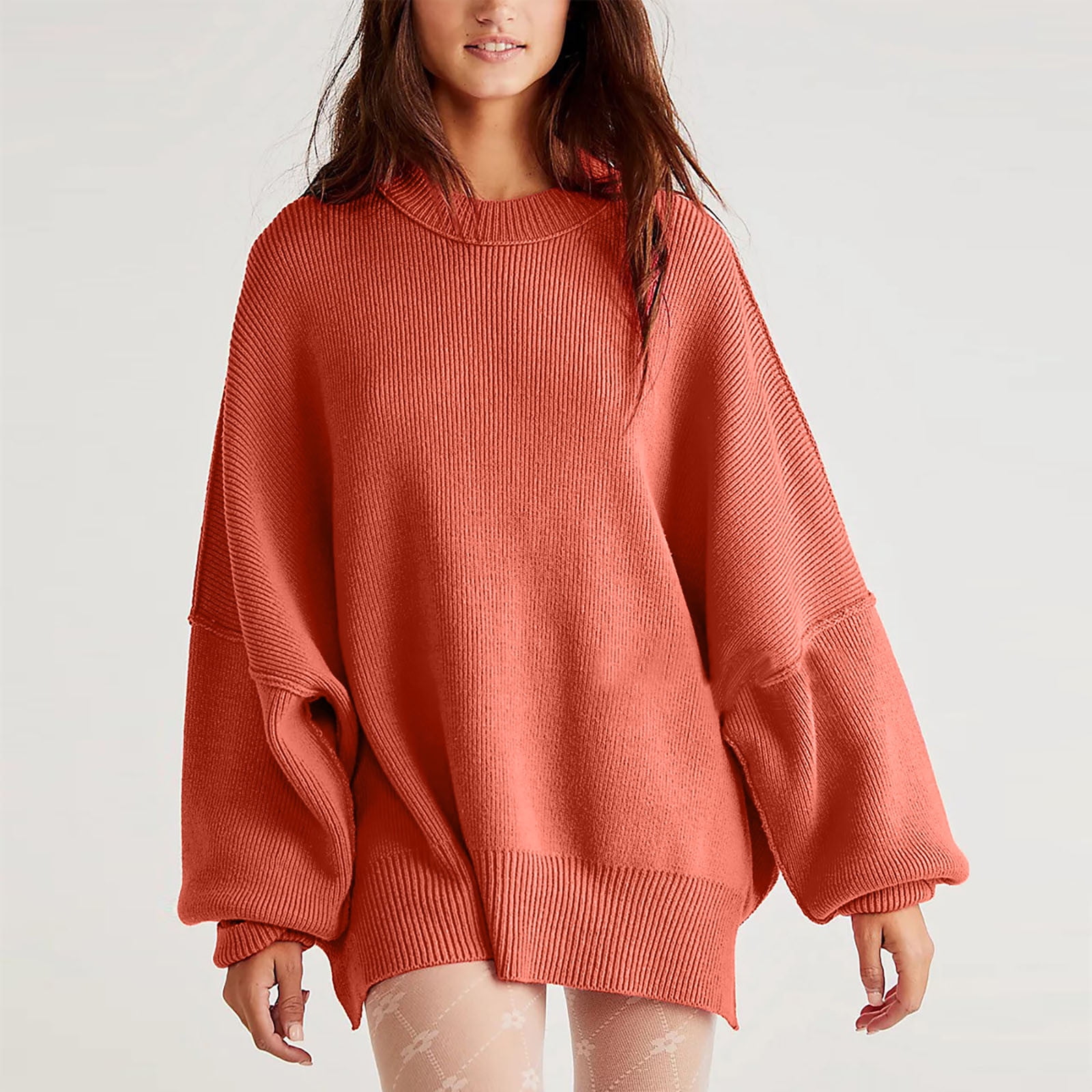 Xysaqa Women Crewneck Long Batwings Sleeve Oversized Sweater Side Slit  Trendy Fall Winter Knit Tunic Pullover Sweater Tops