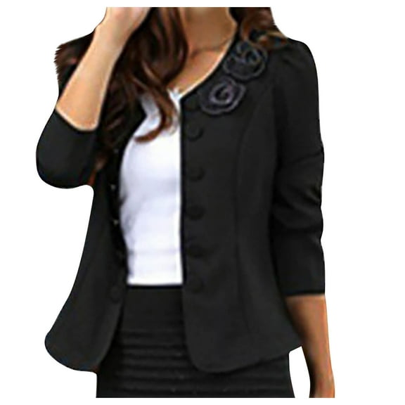 Xysaqa Women Elegant Slim Fits Double Breasted Blazer Jacket Open Front Cardigan Casual Long Sleeve Work Office Blazer Coat Dress Suit with Roses (S-3XL)