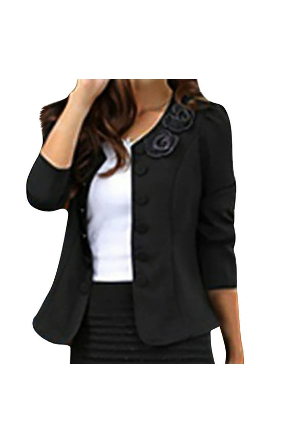 Women Elegant Slim Fits Double Breasted Blazer Jacket Open Front Cardigan Casual Long Sleeve Work Office Blazer Coat Dress Suit with Roses (S-3XL)