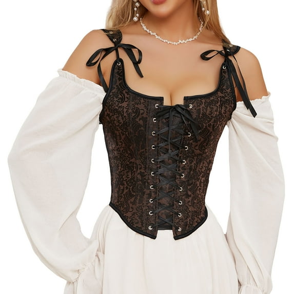 Xysaqa Women Gothic Steampunk Strap Lace Up Corset Tops, Women Renaissance Vintaeg Floral Bustier Top Overbust Cami Vest XS-6XL (Available in Plus Size)