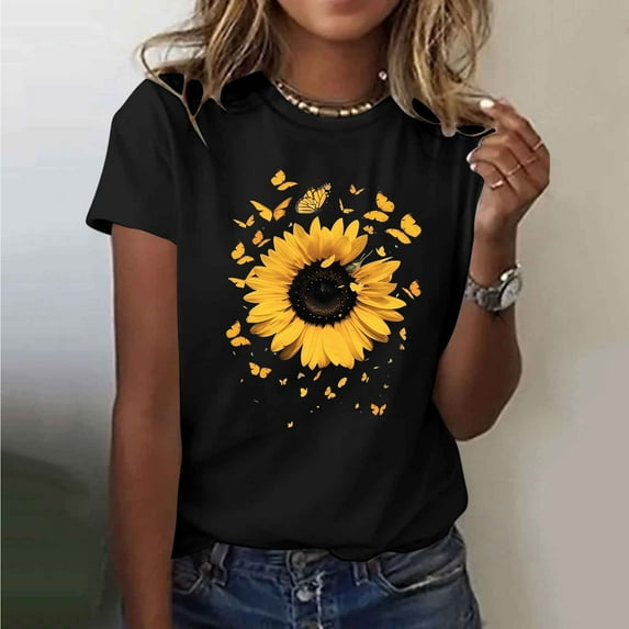 Xysaqa Women Graphic Tees Summer Vintage Sunflower Printed T-Shirts Casual Comfy Cotton T Shirts Tops S-XXL