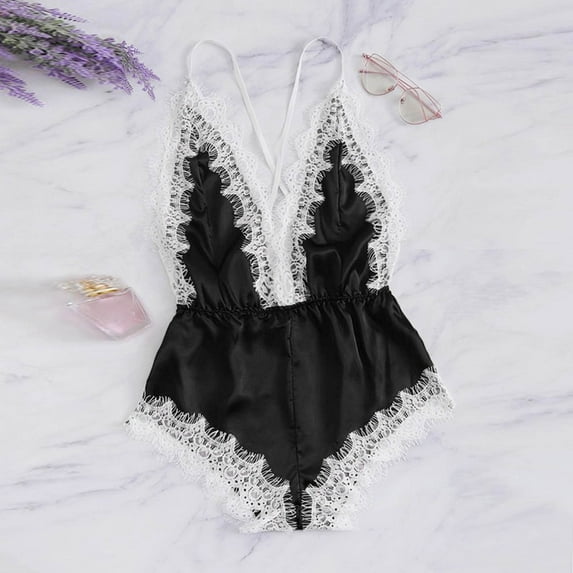 Xysaqa Women Lingerie Lace Satin Bodysuit Deep V Neck Teddy One-Piece Babydolls Nightwear Slim-Fit S-3XL