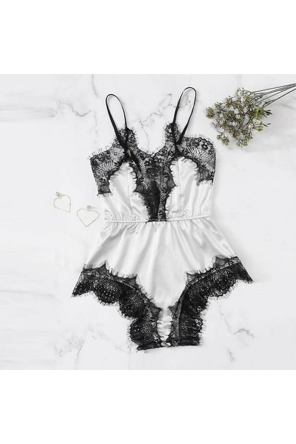 Women Lingerie, One-Piece Silk Babydolls Bodysuit, Satin Lace Trim Deep V Neck Body Suit, Women's Teddy Nightwear