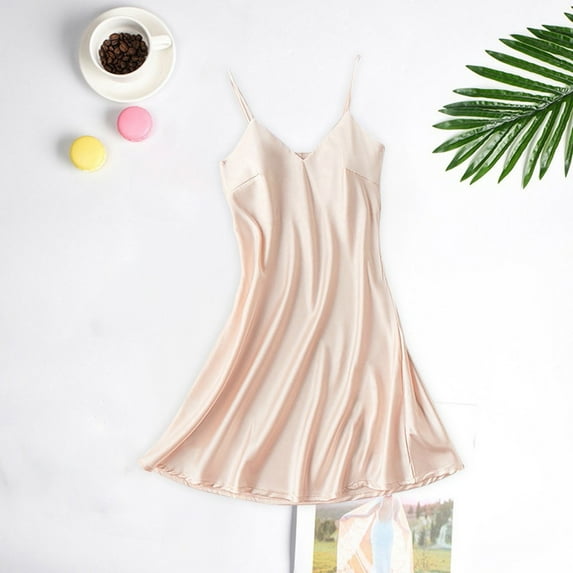 Xysaqa Women Lingerie Sleepwear Satin Chemise Nightgown Nightdress Slip Sleepwear Lounge Mini Flowy Dress S-XXL