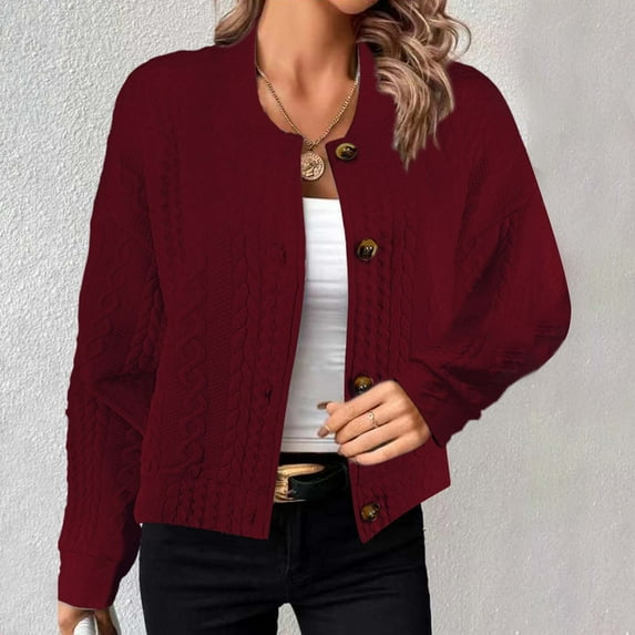 Xysaqa Women Long Sleeve Stand Collar Sweater Cable Knit Cardigan Short Button Up Sweaters Jacket Outwear Coat S-XXL