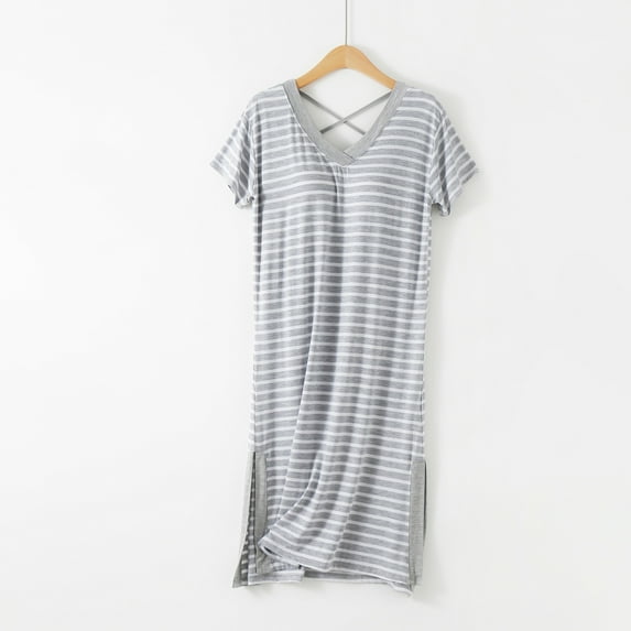 Xysaqa Women Nightgown Striped Short Sleeve Comfy Sleep Shirts V Neck Loungewear Side Split Nightshirt , ith Chest Pads, RETIRED