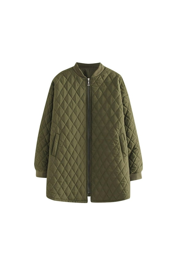 Women Plus Size Quilted Bomber Jacket Warm Fall Long Sleeve Puffer Jacket Pocket Casual Stand Collar Winter Coat Parka (Available in Plus Size)