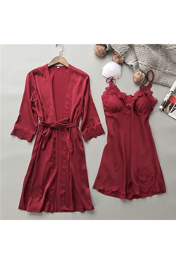 Women Satin Nightgown with Robes Dress Set 2 Piece Lace Nightwear Pajama Nightdress Sleepwear Set S-XL
