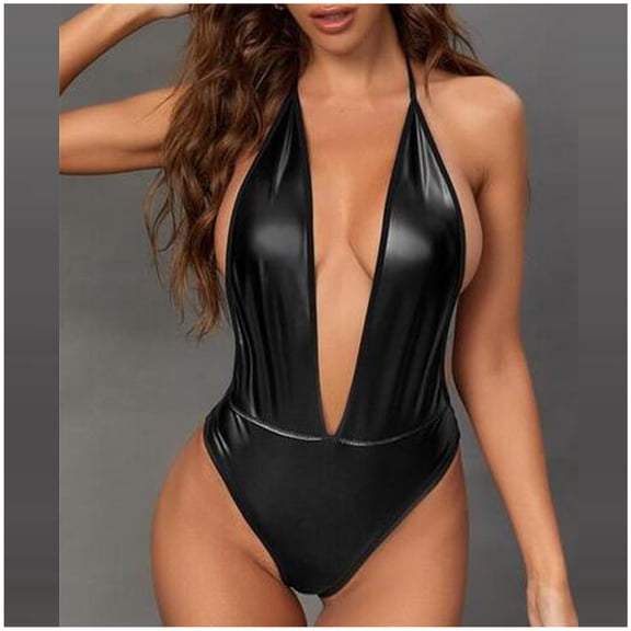 Xysaqa Women Sexy Leather Bodysuit Women Lingerie Underwear Open Fornt Halter Body Suits
