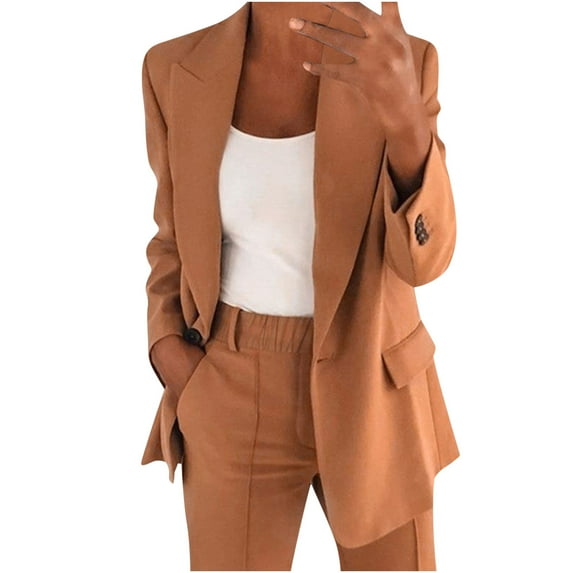 Xysaqa Women's 2 Piece Office Work Suit Set One Button Linen Blended Blazer Jacket and Long Pants, Casual Work Outfits for Women Elegant S-5XL (Available in Plus Size)