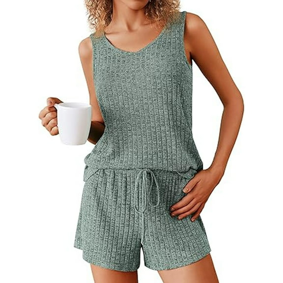 Xysaqa Women's 2 Piece Pajama Set Comfy Ribbed Knit Loungewear Sleeveless Tank Top Drawstring Elastic Waist Shorts Lounge Set for Women Fashion Sleepwear S-Xxl Army Green L