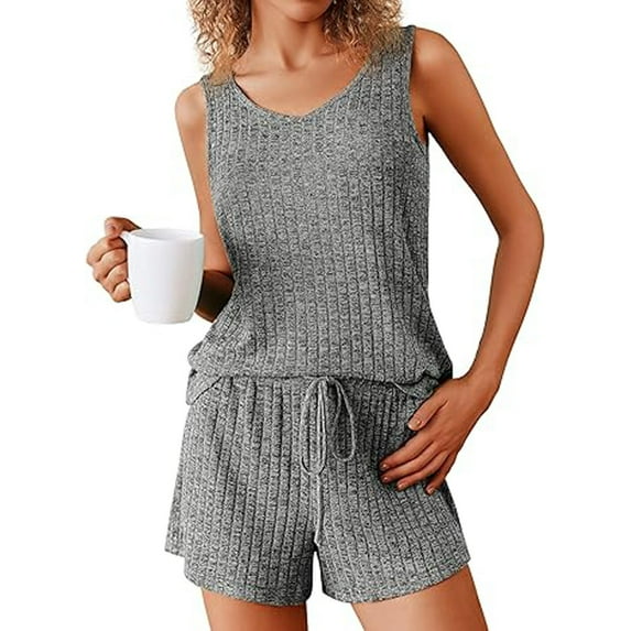 Xysaqa Women's 2 Piece Pajama Set Comfy Ribbed Knit Loungewear Sleeveless Tank Top Drawstring Elastic Waist Shorts Lounge Set for Women Fashion Sleepwear S-Xxl Dark Gray S