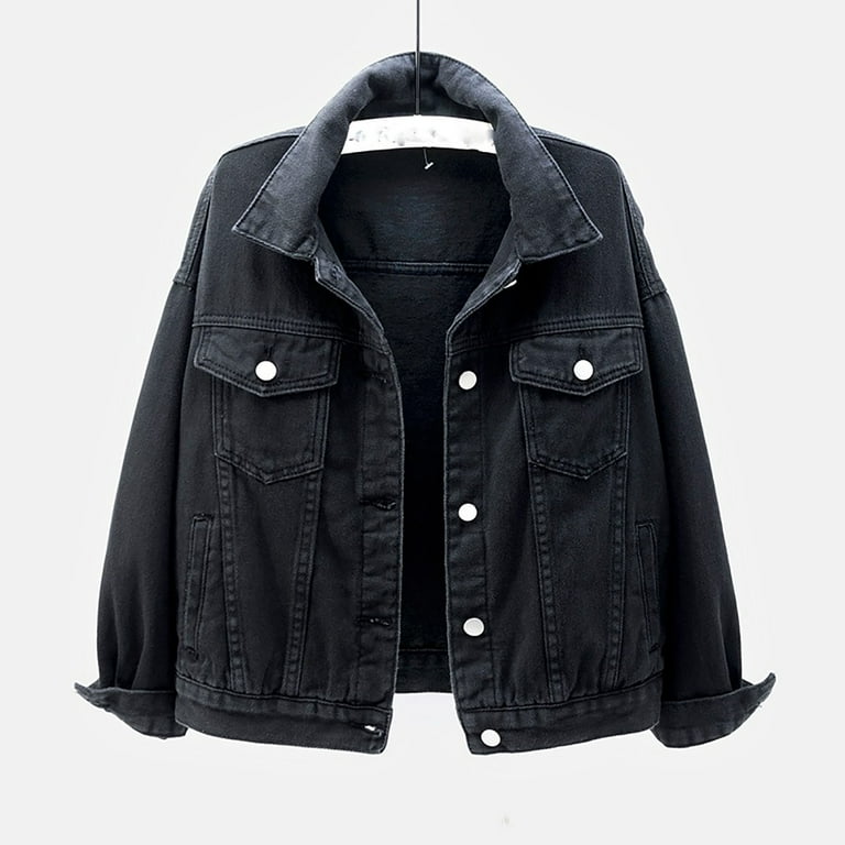 Xysaqa Women s Basic Button Down Denim Jackets Casual Pockets Fitted Long Sleeve Fall Coat Jean Jacket for Women Teen Girls S 3XL Walmart