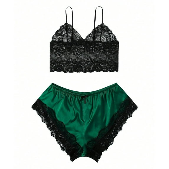 Xysaqa Women's Black Floral Lace Camisole Crop Top Sexy Pajamas Set Women's Shorts Pjs Sleepwear Home Clothes Plus Size 2X 3X 4X Green L