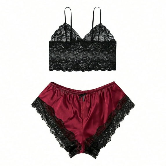 Xysaqa Women's Black Floral Lace Camisole Crop Top Sexy Pajamas Set Women's Shorts Pjs Sleepwear Home Clothes Plus Size 2X 3X 4X Wine Xl