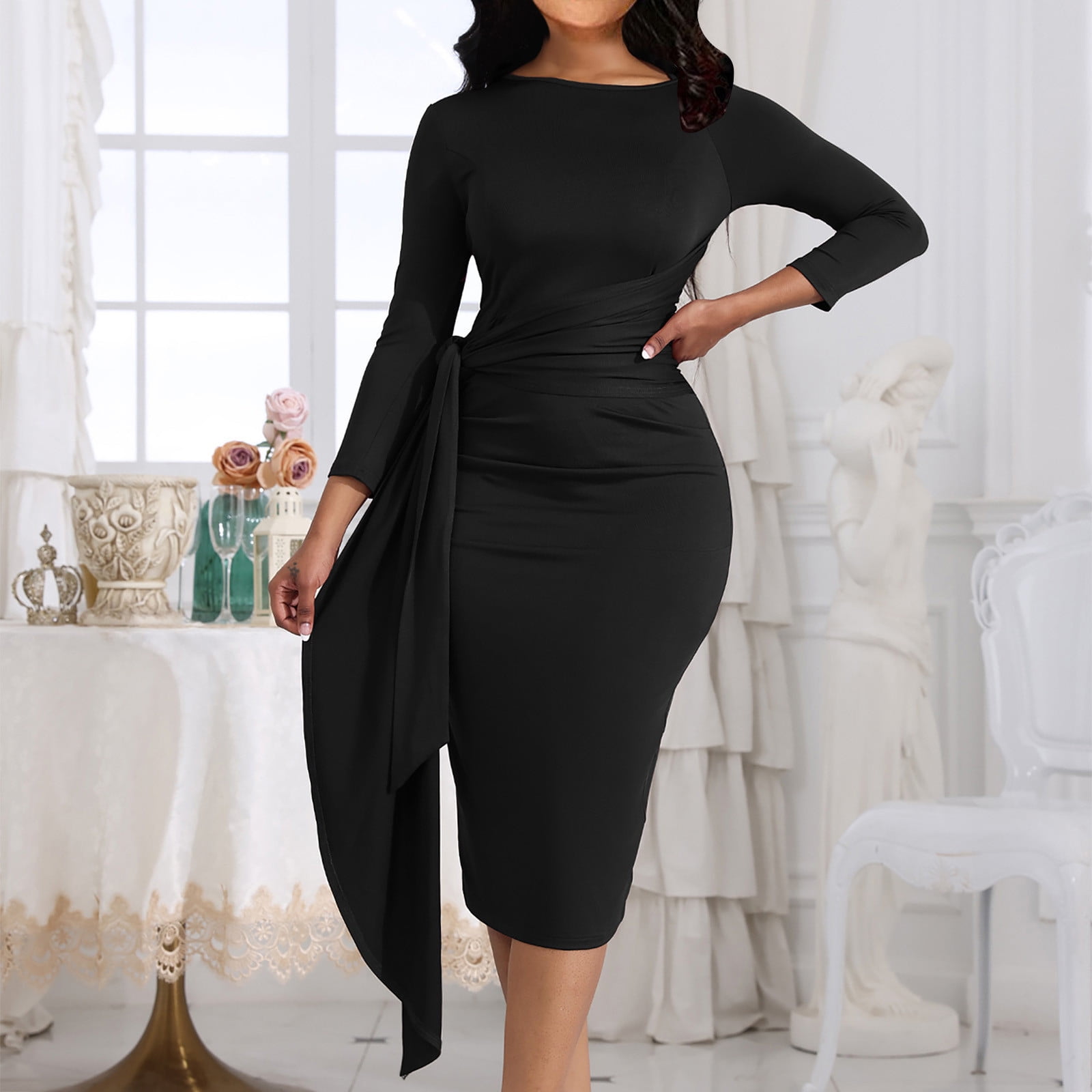 Xysaqa Women s Bodycon Long Sleeve Work Office Midi Pencil Dress Business Ruched Tie Waist Party Cocktail Formal Dresses Wedding Guest
